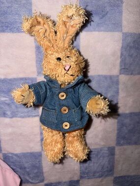 Vintage Plush Bunny Toy in Tan with Blue Denim Jacket - Kids Stuffed Animal